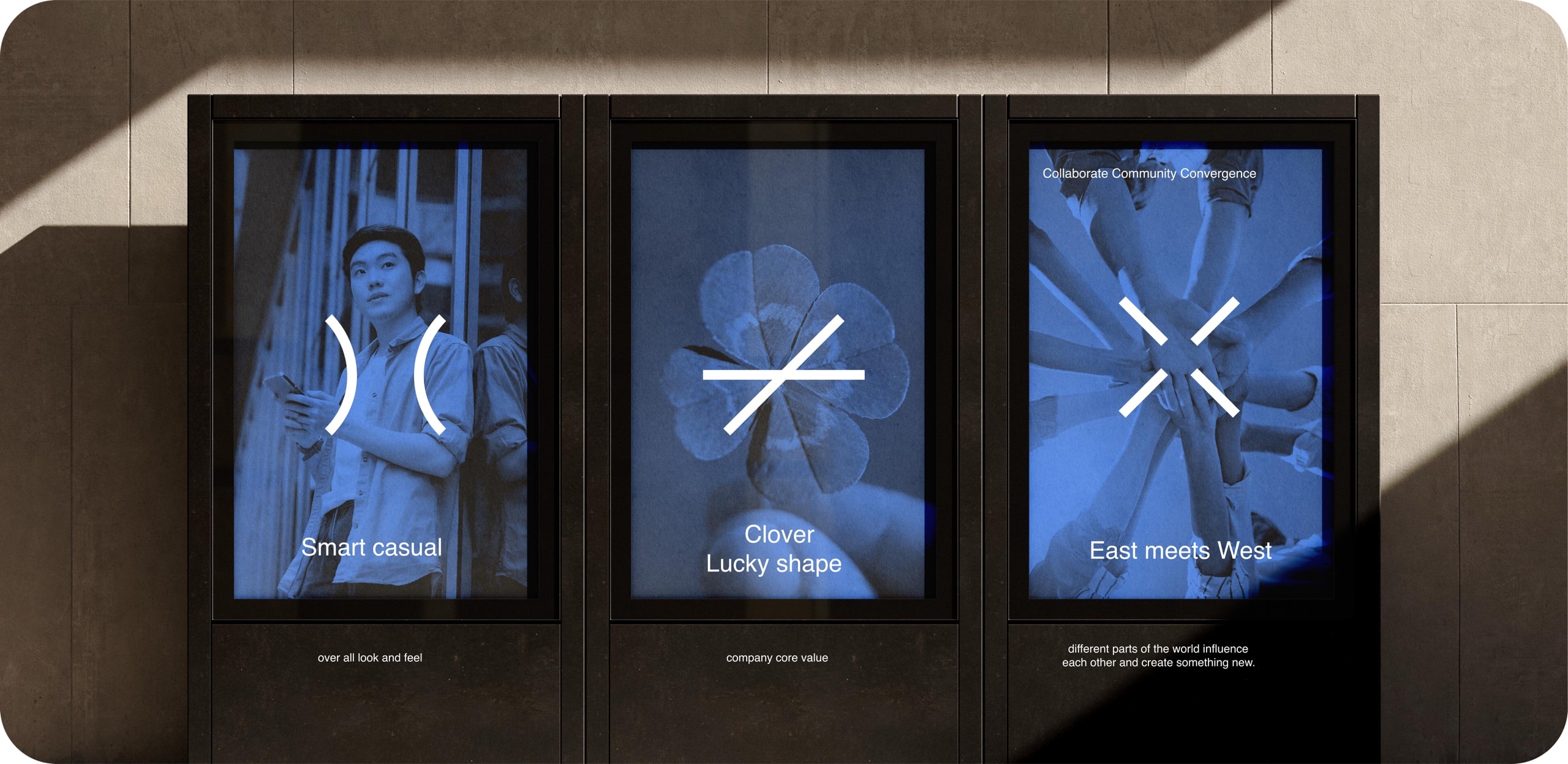 Three billboards showing the CloverX brand idea — Smart casual (overall look and feel), Clover Lucky shape (company core value) and East meets West (different parts of the world influence each other and create something new).