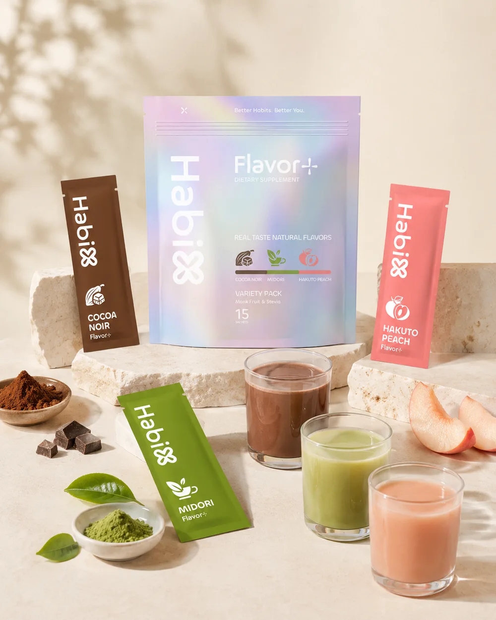 ถุง HabiX Flavor+ Variety Pack พร้อมสติ๊กสามรสและแก้วเครื่องดื่มแต่ละรส